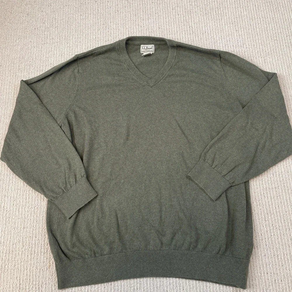 L. L. Bean Men's XL Cotton Cashmere Blended Knit V-Neck Sweater Green